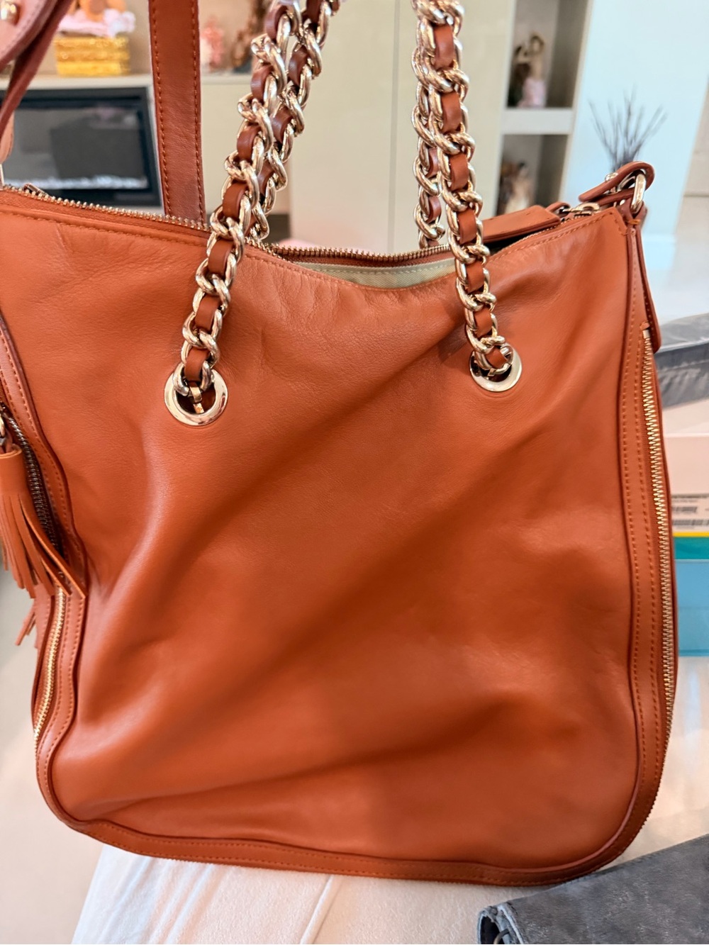 Gilli Burnt Orange Leather Satchel with Gold Chain Straps